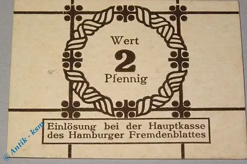 Notgeld Hamburg , Fremdenblatt , 2 Pfennig Schein , Tieste 2765.150.02 , Hamburg Verkehrsausgabe
