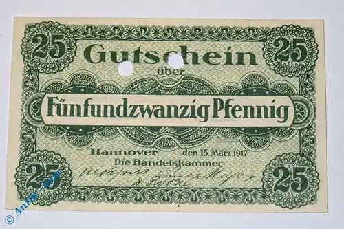 Notgeld Hannover , 25 Pfennig , Musterschein Ohne Kennummer , Tieste 2795.30.01.M , von 1917 , Niedersachsen Verkehrsausgabe