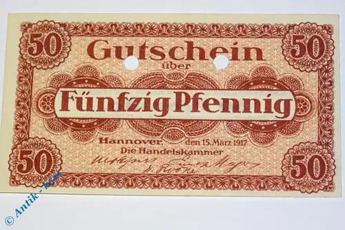 Notgeld Hannover , 50 Pfennig , Musterschein Ohne Kennummer , Tieste 2795.30.02.M , von 1917 , Niedersachsen Verkehrsausgabe