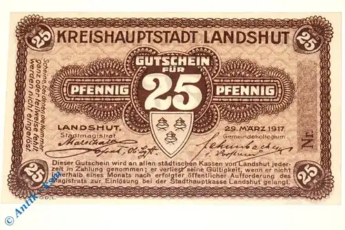Notgeld Landshut , 25 Pfennig Musterschein Ohne Kennummer , Tieste 3845.05.01.M , von 1917 , Bayern Verkehrsausgabe