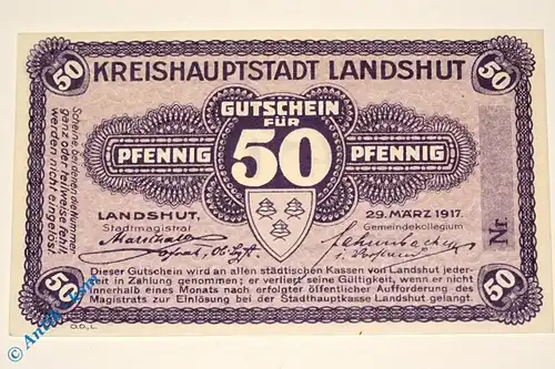 Notgeld Landshut , 50 Pfennig Musterschein Ohne Kennummer , Tieste 3845.05.02.M , von 1917 , Bayern Verkehrsausgabe