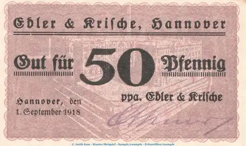 Notgeld Edler und Krische Hannover 2795.15.05 , 50 Pfennig Schein in kfr. Niedersachsen Verkehrsausgabe
