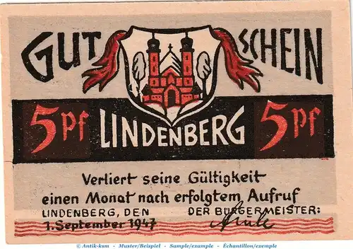 Notgeld Lindenberg , 5 Pfennig Schein , von 1947 , Bayern Notgeld 1945 bis 1948