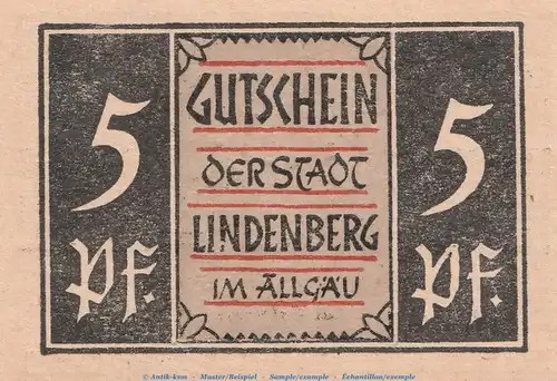 Notgeld Lindenberg , 5 Pfennig Schein , von 1947 , Bayern Notgeld 1945 bis 1948