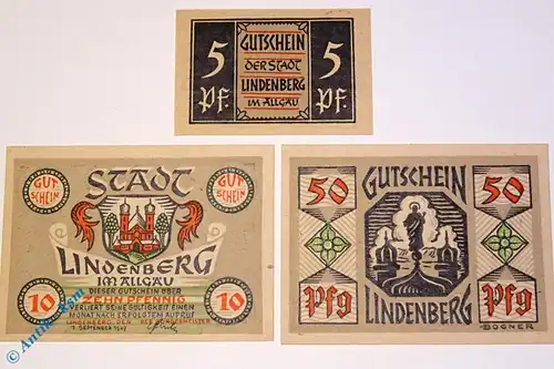 Notgeld Lindenberg , Set mit 3 Scheinen , von 1947 , Bayern Notgeld 1945 bis 1948