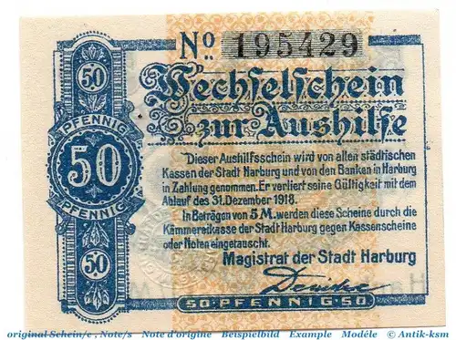 Notgeld Stadt Harburg 2805.30.01 , 50 Pfennig Schein in kfr. von 1917 ,  Niedersachsen Verkehrsausgabe