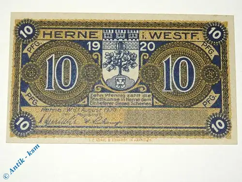 Notgeld Herne , 10 Pfennig Musterschein ohne Kennummer , Tieste 2960.10.30.M , von 1920 , Westfalen Verkehrsausgabe