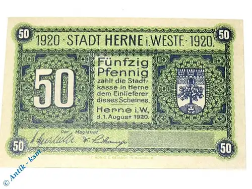 Notgeld Herne , 50 Pfennig Musterschein ohne Kennummer , Tieste 2960.10.31.M , von 1920 , Westfalen Verkehrsausgabe