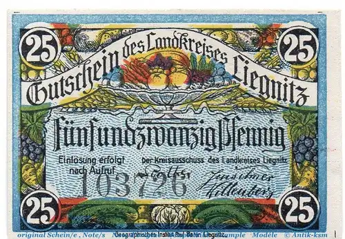 Notgeld Landkreis Liegnitz 4080.20.05 , 25 Pfennig Schein Serie II in kfr. o.D. , Schlesien Verkehrsausgabe
