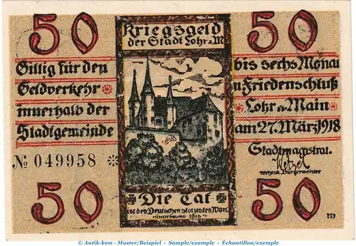 Notgeld Stadt Lohr , 50 Pfennig Schein in kfr. Tieste 4205.05.01 von 1918 , Bayern Verkehrsausgabe
