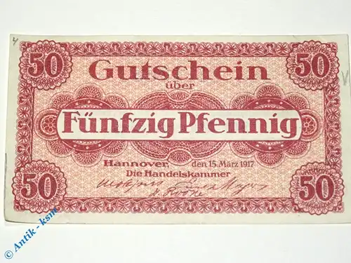 Hannover , Notgeld 50 Pfennig Schein in kfr. Tieste 2795.30.02 , Niedersachsen 1917 Verkehrsausgabe
