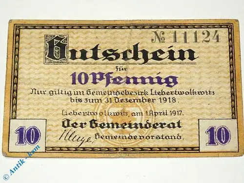 Notgeld Lieberwolkwitz , 10 Pfennig Schein , Tieste 4070.05.02 , von 1917 , Sachsen Verkehrsausgabe