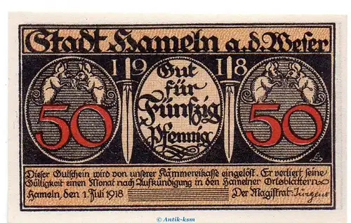 Notgeld Hameln , 50 Pfennig Musterscheinen o. Kn , Tieste 2770.25.21.M , von 1918 , Niedersachsen Verkehrsausgabe