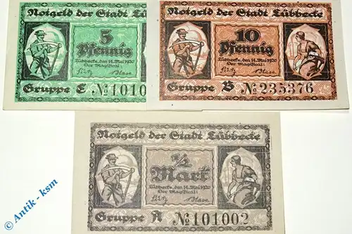 Notgeld Lübbecke , Set mit 3 Scheinen , Tieste 4240.05.01 bis 03 , von 1920 , Westfalen Verkehrsausgabe