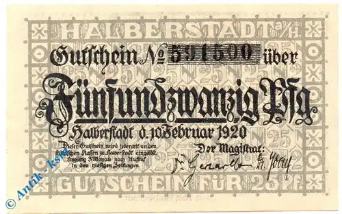 Notgeld Halberstadt , 25 Pfennig Schein mit Wz , Tieste 2730.15.36 , von 1920 , Sachsen Verkehrsausgabe