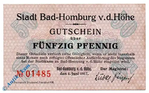 Notgeld Bad Homburg , 50 Pfennig Schein , Tieste 3130.05.01 , von 1917 , Hessen Verkehrsausgabe
