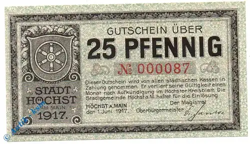 Notgeld Höchst , 25 Pfennig Schein , Tieste 3050.10.01 , von 1917 , Hessen Verkehrsausgabe