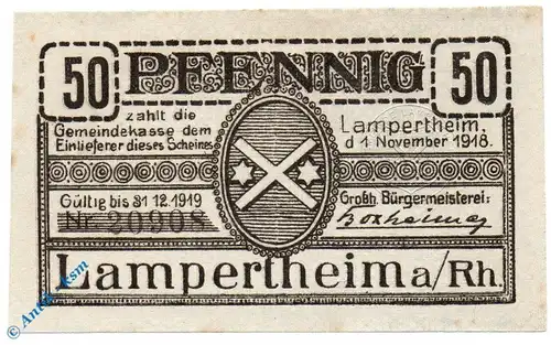 Notgeld Lampertheim , 50 Pfennig Schein 10 mm , Tieste 3815.05.10 , von 1918 , Hessen Verkehrsausgabe