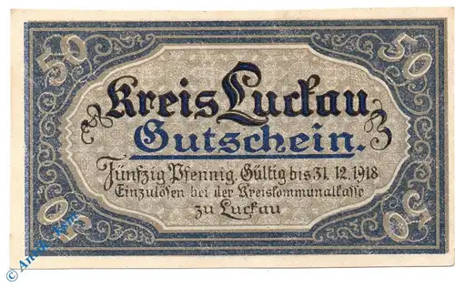 Notgeld Luckau , 50 Pfennig Schein - 31.12.1918 , Tieste 4225.05.02 , von 1917 , Brandenburg Verkehrsausgabe