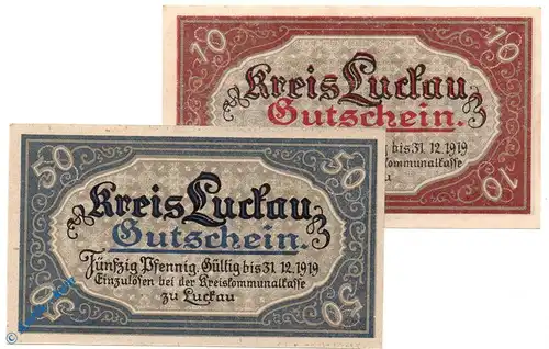 Notgeld Luckau , Set mit 2 Scheinen - 31.12.1919 , Tieste 4225.05.20 und 21 , von 1917 , Brandenburg Verkehrsausgabe