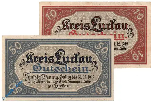 Notgeld Luckau , Set mit 2 Scheinen - 31.12.1919 , Tieste 4225.05.10 und 11 , von 1917 , Brandenburg Verkehrsausgabe