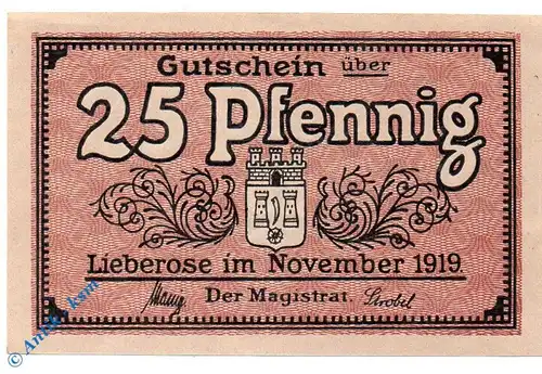 Notgeld Lieberose , 25 Pfennig Schein 1919 , Tieste 4065.05.02 , von 1919 , Brandenburg Verkehrsausgabe