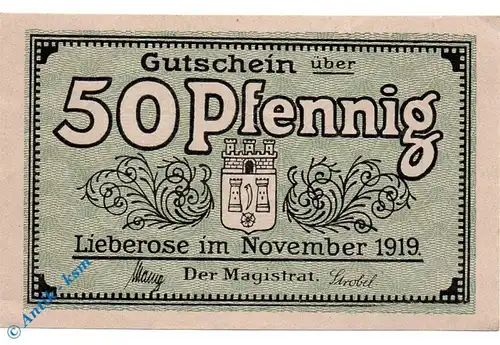 Notgeld Lieberose , 50 Pfennig Schein 1919 , Tieste 4065.05.03 , von 1919 , Brandenburg Verkehrsausgabe