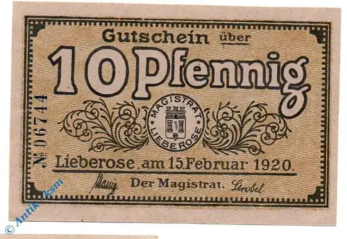 Notgeld Lieberose , 10 Pfennig Schein , Febr. 1920 , Tieste 4065.05.05 , von 1920 , Brandenburg Verkehrsausgabe