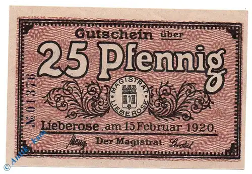 Notgeld Lieberose , 25 Pfennig Schein , Febr. 1920 , Tieste 4065.05.06 , von 1920 , Brandenburg Verkehrsausgabe