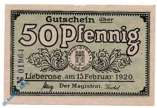 Notgeld Lieberose , 50 Pfennig Schein , Febr. 1920 , Tieste 4065.05.07 , von 1920 , Brandenburg Verkehrsausgabe