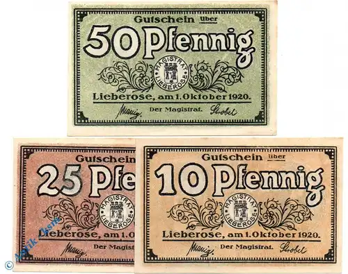 Notgeld Lieberose , Set mit 3 Scheinen , Okt. 1920 , Tieste 4065.05.10 bis 12 , von 1920 , Brandenburg Verkehrsausgabe