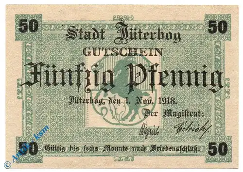 Notgeld Jüterbog , 50 Pfennig Schein , Tieste 3300.05.05 , von 1918 , Brandenburg Verkehrsausgabe