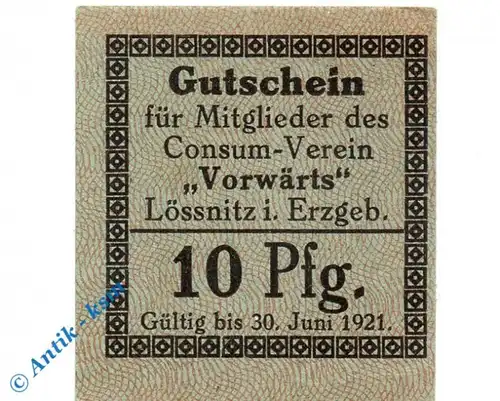 Notgeld Lössnitz , Consum Verein , 10 Pfennig Schein grün , Tieste 4195.05.25.1 , Sachsen Verkehrsausgabe