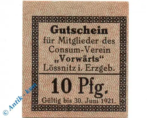 Notgeld Lössnitz , Consum Verein , 10 Pfennig Schein graugrün , Tieste 4195.05.25.2 , Sachsen Verkehrsausgabe