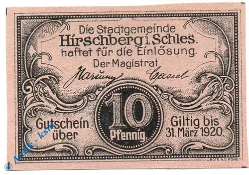 Notgeld Hirschberg , 10 Pfennig Schein , blassrosa , Tieste 3045.20.01 , Schlesien Verkehrsausgabe