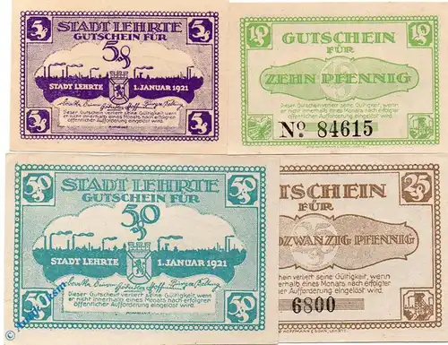 Notgeld Lehrte , Set mit 4 Scheinen , Tieste 3975.05.01 bis 04 , von 1921 , Niedersachsen Verkehrsausgabe