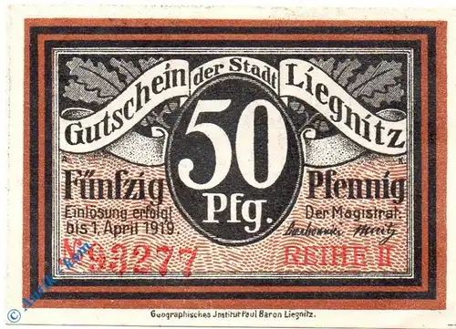Notgeld Liegnitz , 50 Pfennig Schein , Reihe II , Tieste 4080.30.05 , Schlesien Verkehrsausgabe