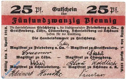 Notgeld Hirschberg , Handelskammer , 25 Pfennig Schein gbr , Tieste 3045.10.05 , Schlesien Verkehrsausgabe
