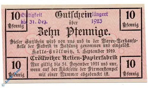 Notgeld Halle Cröllwitz , 10 Pfennig Schein , verlängert , Tieste 2745.05.21 , von 1919 , Sachsen Verkehrsausgabe