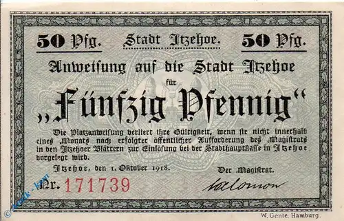 Notgeld Itzehoe , 50 Pfennig Schein  , Tieste 3225.05.20 , von 1918 , Schleswig Holstein Verkehrsausgabe