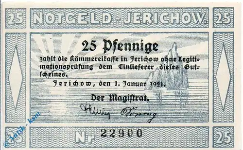 Notgeld Jerichow , 25 Pfennig Schein , owz , Tieste 3275.05.05 , von 1921 , Sachsen Verkehrsausgabe