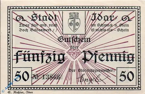 Notgeld Idar , 50 Pfennig Schein , Tieste 3170.10.01 , Rheinland Pfalz Verkehrsausgabe