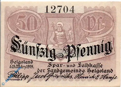 Notgeld Helgoland , Landkasse , 50 Pfennig Schein , Tieste 2915.10.05 , von 1919 , Schleswig Holstein Verkehrsausgabe