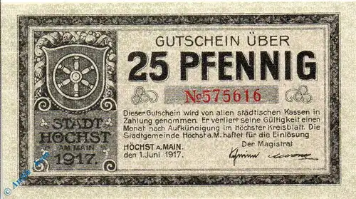 Notgeld Höchst , 25 Pfennig Schein , Kreuzmäander 2 Us , Tieste 3050.10.15 , von 1917 , Hessen Verkehrsausgabe