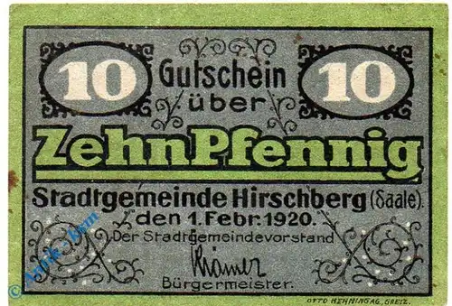 Notgeld Hirschberg , Saale , 10 Pfennig Schein , Tieste 3040.05.25 , von 1920 , Thüringen Verkehrsausgabe