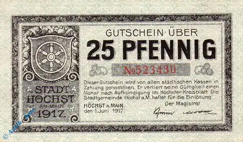 Notgeld Höchst , 25 Pfennig Schein , Wellenbündel 2 Us , Tieste 3050.10.10 , von 1917 , Hessen Verkehrsausgabe