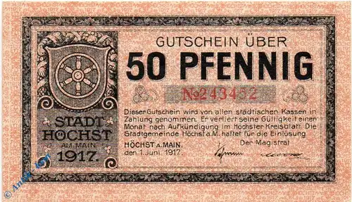 Notgeld Höchst , 50 Pfennig Schein , Zickzacklinien , Tieste 3050.10.20 , von 1917 , Hessen Verkehrsausgabe
