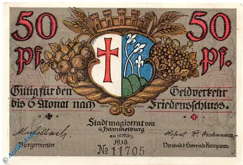 Notgeld Hammelburg , 50 Pfennig Schein , Papier weiß , Tieste 2785.05.02 , 10.03.1918 , Bayern Verkehrsausgabe
