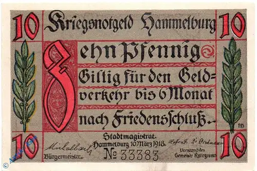 Notgeld Hammelburg , 10 Pfennig Schein , Papier weiß , Tieste 2785.05.01 , 10.03.1918 , Bayern Verkehrsausgabe