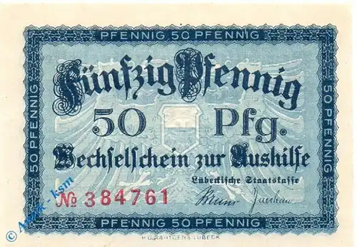 Notgeld Stadt Lübeck 4250.20.10 , 50 Pfennig Schein in kfr. von 1918 , Schleswig Holstein Verkehrsausgabe